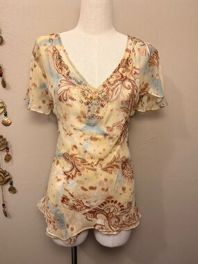 Dressbarn Vintage Fairycore 100% Silk Paisley beaded sequin sheer layered blouse